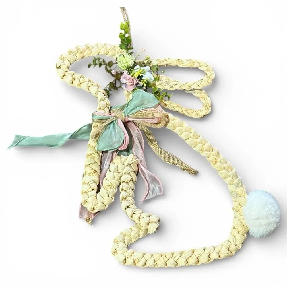Natural Woven Easter Bunny Wreath Form With Flowers and a Bow Cream Pink Blue